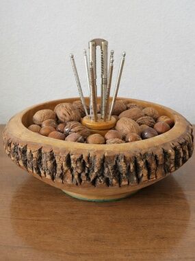 VTG Mid Century Wooden Nut Bowl Set Nutcracker & Picks Live Edge Bark Rustic 50s